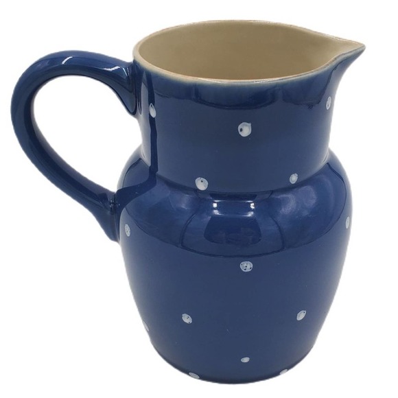 Stoneware Other - Stoneware Blue & White Polka Dot 1.5 Quart Pitcher With Handle Country Farmhouse